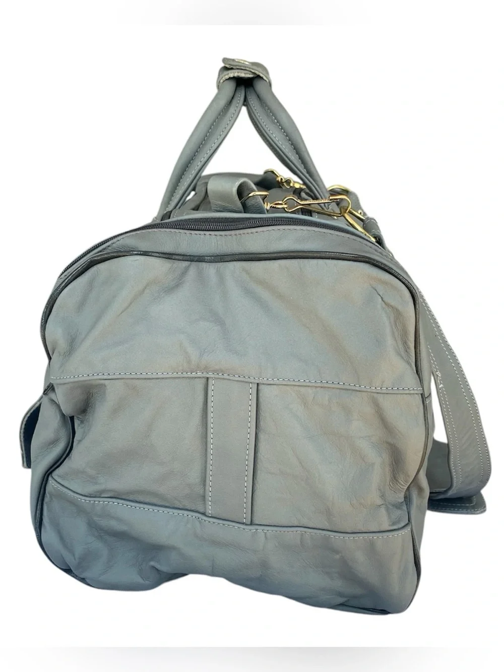 Vintage Leather Duffel Carryall Weekender Bag Gray